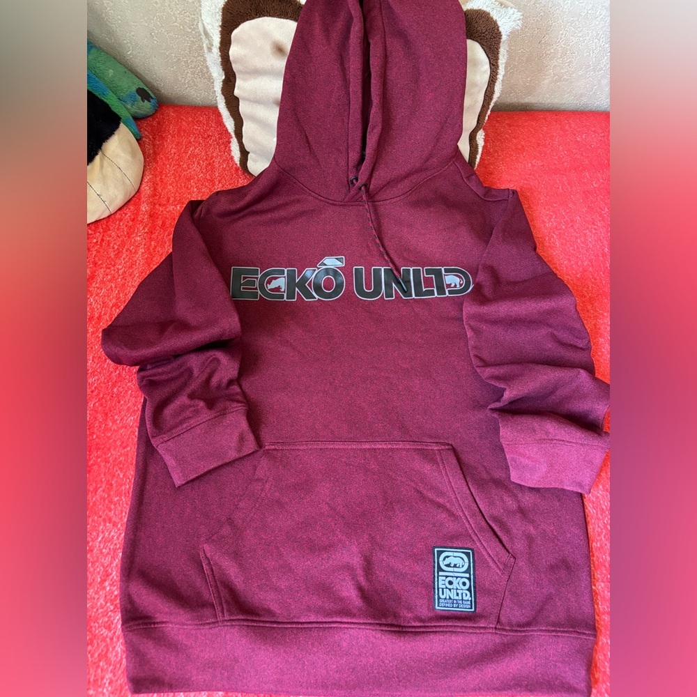 Ecko Unltd Burgundy Hoodie Large Spell Out Logo Streetwear Pullover